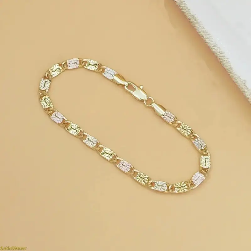 Women's Tri-Color Gold Mariner Link Chain Bracelet, Polished Floral Engraving, Dainty Sophisticated Glamorous Baroque Jewelry for Anniversary, Business & Casual Gift, Exquisite Bracelet, Fashion Bracelet
