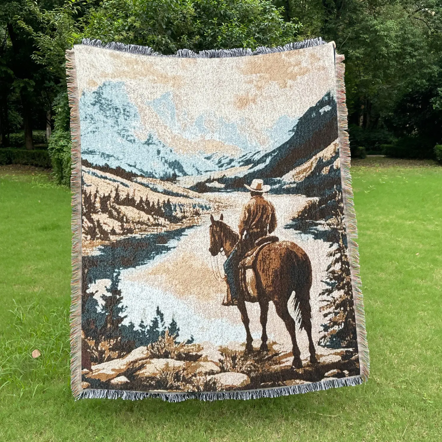 west cowboy Pattern Design Bohemian Bed Blanket - Yarn Thick Breathable with Tassels for Home Decor Sheet Living Shawl Tapestry Yoga Couch Sofa Chair Tablecloth Garden Office Travel Outdoor Camping Picnic Not Printed No Faded No Pilling Soft Blanket Throw