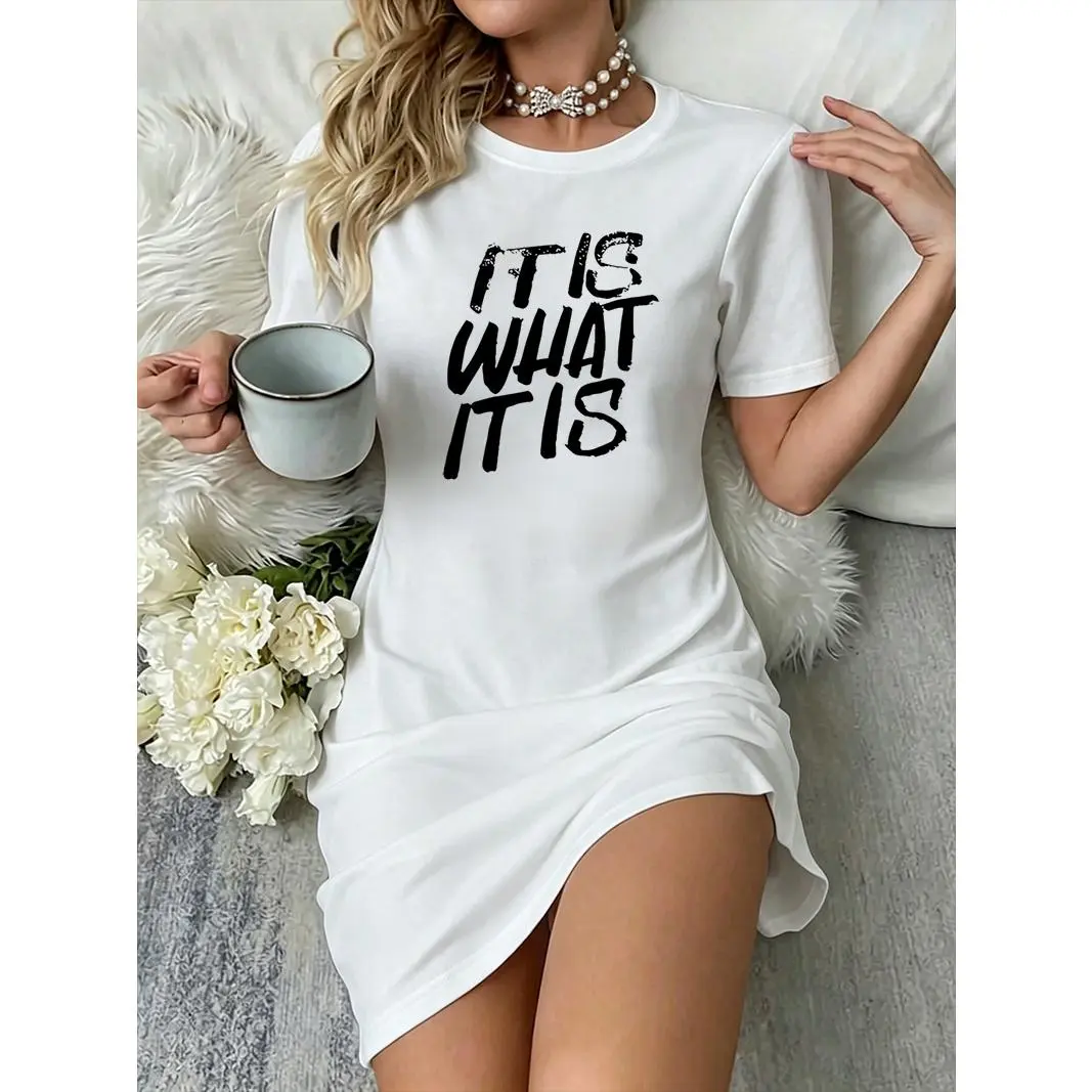Grunge Distressed Bold Attitude Quote Letter Slogan Graphic Print Crew Neck Short Sleeve Oversized T Shirt Dress Loose Hem Lightweight Casual Lounge Sleep Mini Nightshirt