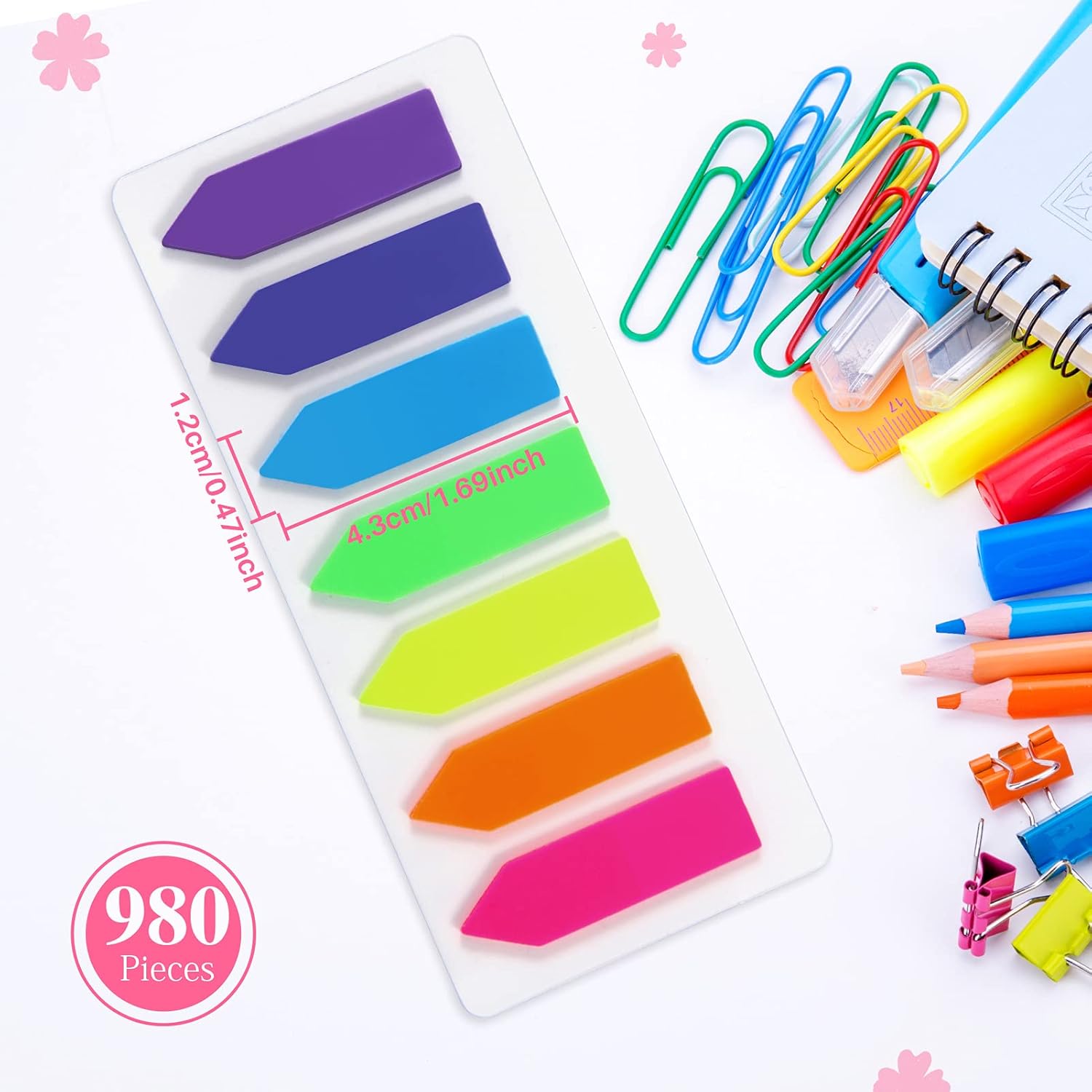980 count Sticky Notes Flags, 7 Color Index Tabs Index Flag Bright Colors Page Index Stickers Translucent Page Makers for Page Bookmarks