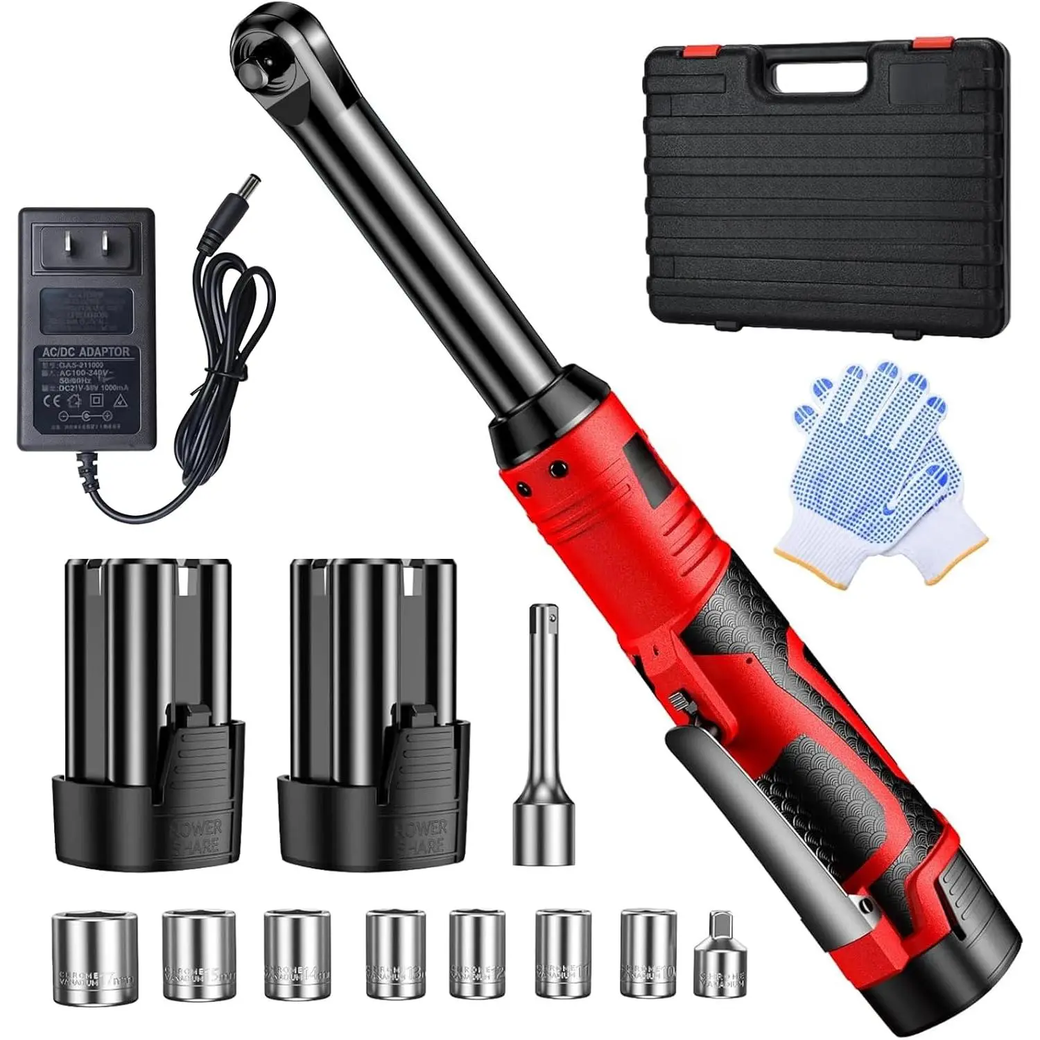 3/8" Cordless Ratchet Wrench Set, Extended Electric Ratchet Wrench, 40 Ft-lbs (55 N.m), 450 RPM, 16.8V Wrench Ratchet Set with 2*2000mAh Lithium Batteries, Variable Speed, 7 Sockets, LED Light