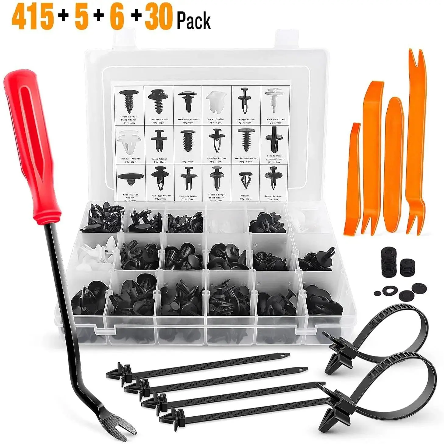 Nilight 415-Piece Car Push Retainer Clips Kit with 5-Pcs Tough Fastener Remover, 6-Pcs Reusable Cable Ties, 18 Types of Fastener Clips for Door Trim - Compatible with GM, Ford, Toyota, Honda, Chrysler