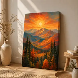 Autumn Mountain Sunset Wall Art, Vertical Forest Landscape Canvas Poster, Warm Nature Painting Print, Rustic Living Room Bedroom Cabin Decor, Unframed Canvas Poster or Framed Canvas Wrap