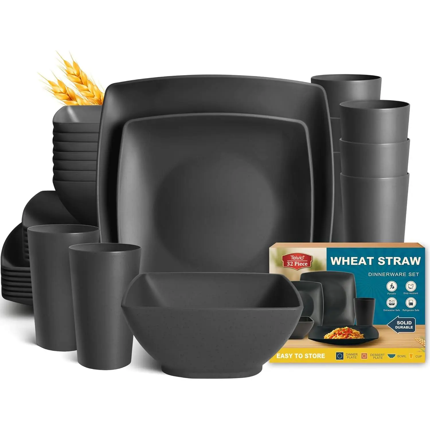 32-piece Plastic Wheat Straw Square Dinnerware Set for 8, Unbreakable Dinner Plates, Salad Plates, Snack Bowls, Tumblers, Dishwasher Safe, Outdoor Kitchen Dinning RV Essentials Dish, Black
