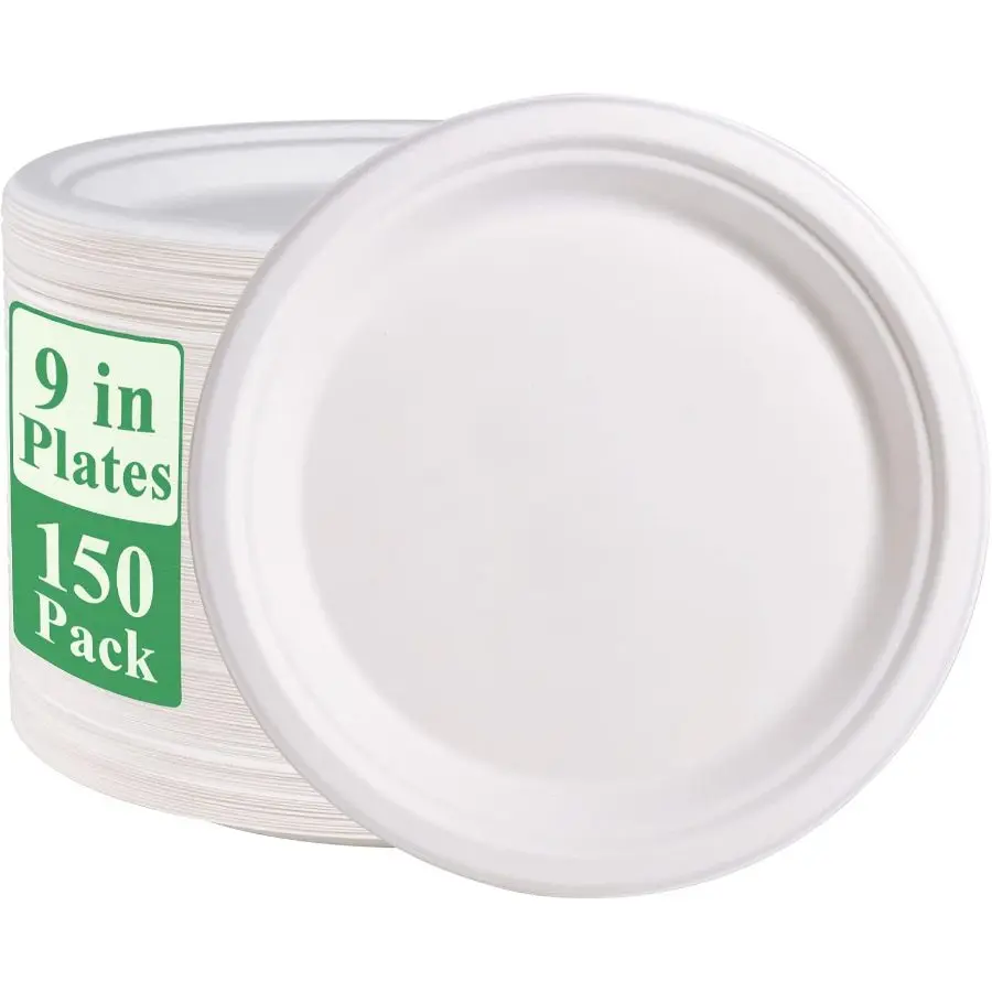 Vplus 150 Pack Paper Plates 9 inch 100 Compostable, Heavy-Duty Disposable Paper Plates Bagasse Natural Biodegradable Eco-Friendly SugarcaneWhite