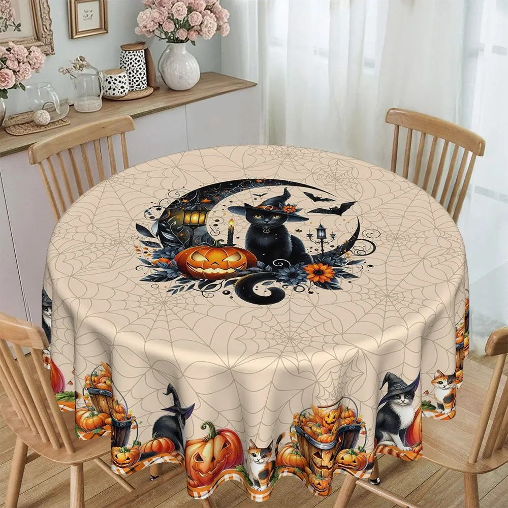 Halloween Cat Pumpkin Print Round Tablecloth, Furniture Protector, Festive Party Decor, Suitable for Hotel, Restaurant, Home