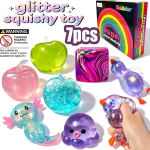 7pcs/set Wet Soft Pressure Balls Set, Cute Glitter Squeeze Toy Kit, Squishies Set, Stress Relief Gel Toys for Anxiety, Classroom Rewards