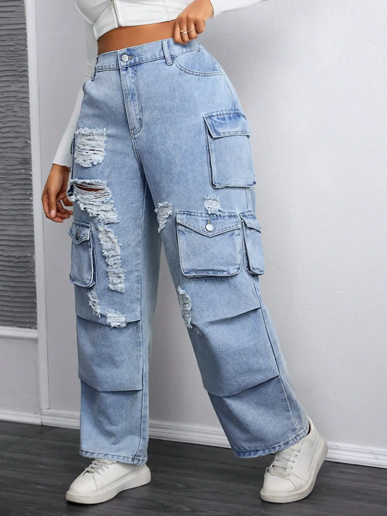 American Vintage Light Wash Ripped Loose Baggy Workwear Jeans, Multiple Retro Flap Pockets, Durable and Sturdy, Wear-Resistant