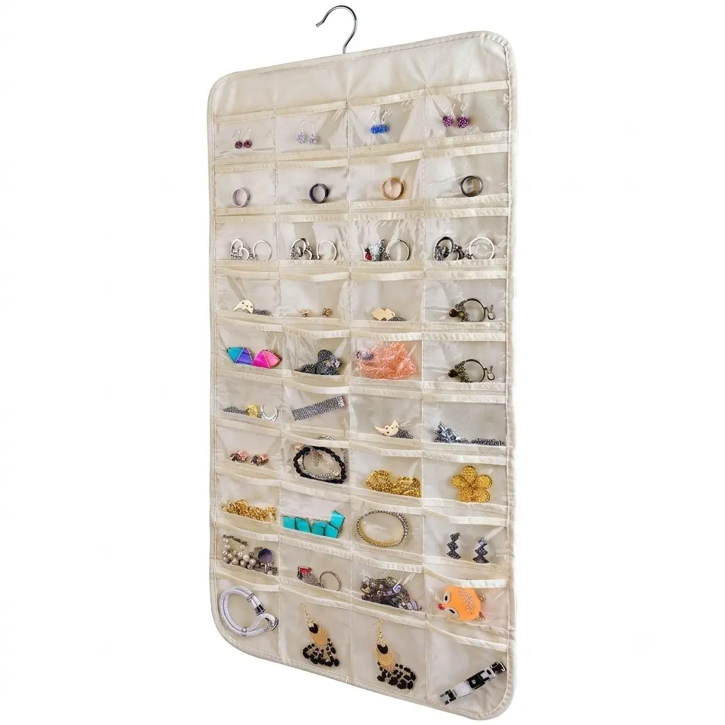 80-Grid Dual-Sided Hanging Jewelry Organizer, Portable Earring Necklace Bracelet Accessory Rack, Wall-Mounted Jewelry Display Stand for Women