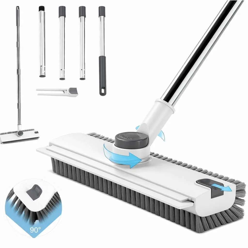 360° Rotating Head Floor Scrub Broom, Freely Adjustable Long Handle Dual-Function Bristle Squeegee, Home Cleaning Tool with 4 Floor Scrubbing Accessories for Tile Cement Surfaces