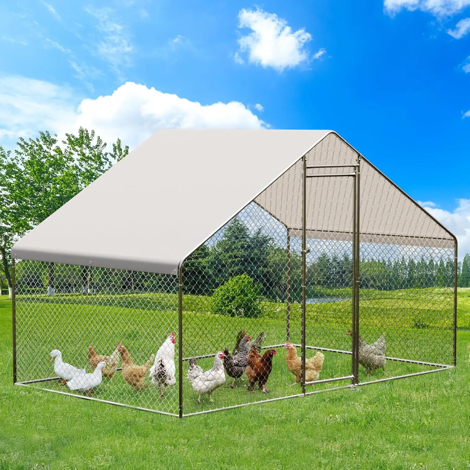 Walk-In Galvanized Steel Chicken Coop - 9.8x6.5x6.5 Ft Space-Saving Outdoor Poultry Cage, Predator-Proof Enclosure with Accessories for Small-Medium Backyard Poultry