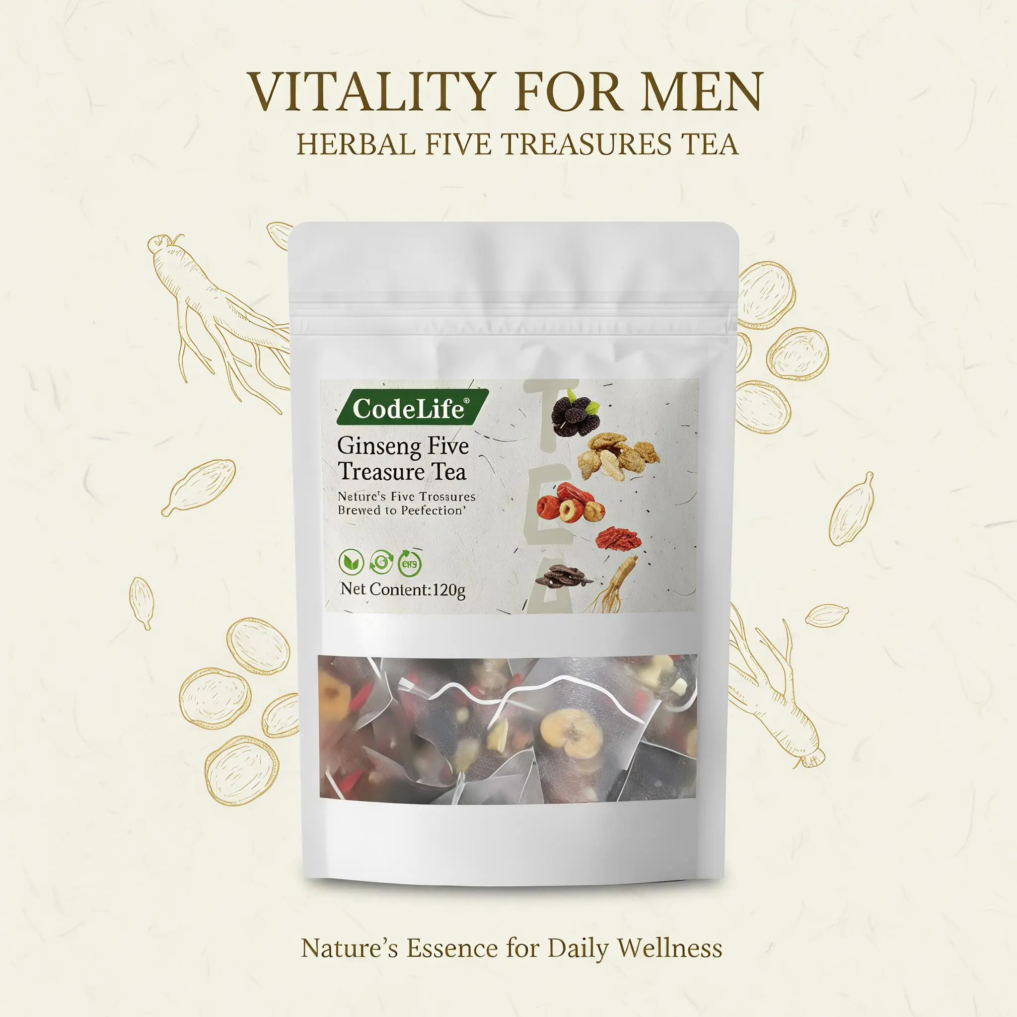 Natural Herbal Five Treasure Tea , Ginseng Wolfberry Red Jujube Mulberry Combination Tea Daily Vitality Health Kidney Tea