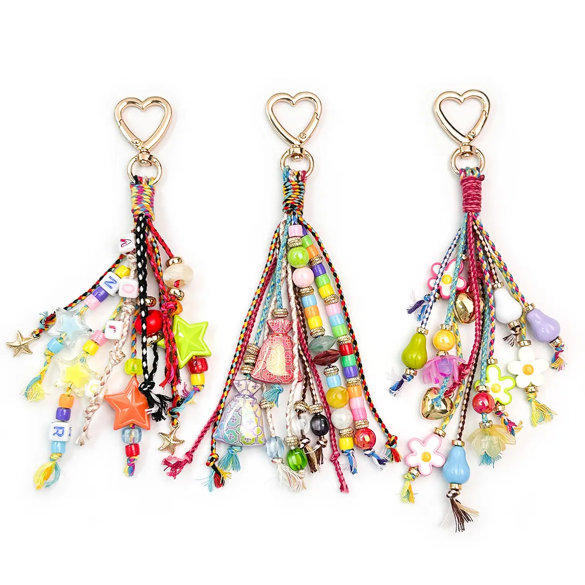 Boho Braided Tassel Keychain Heart Car Keyring Colorful Bead Letter Stars Charm Aesthetic Y2K Purse Bag Backpack Pendant Accessories Gift for Girls Women