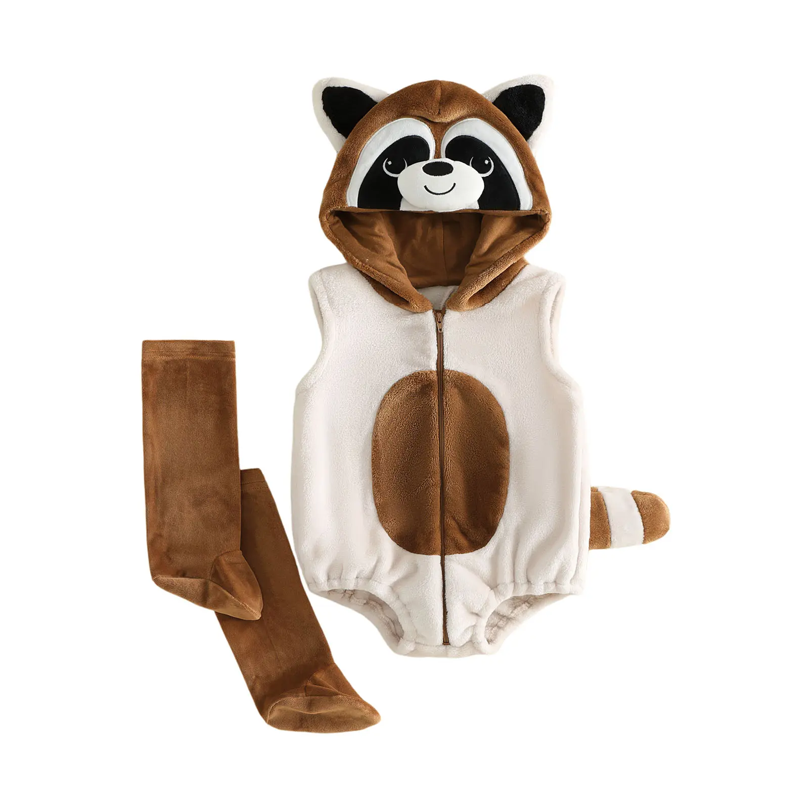 Infant Baby Boy Girl Raccoon Costume with Stockings Set Fleece Sleeveless Hooded Romper Fall Winter 0-18 Months