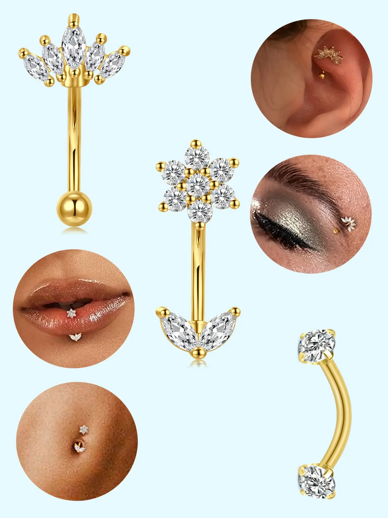 3Pcs 16G Stainless Steel Rook Piercing Jewelry for Women Helix Tragus Conch Rook Earring Dainty Flower CZ Vertical Labret Lip Eyebrow Piercing Jewelry