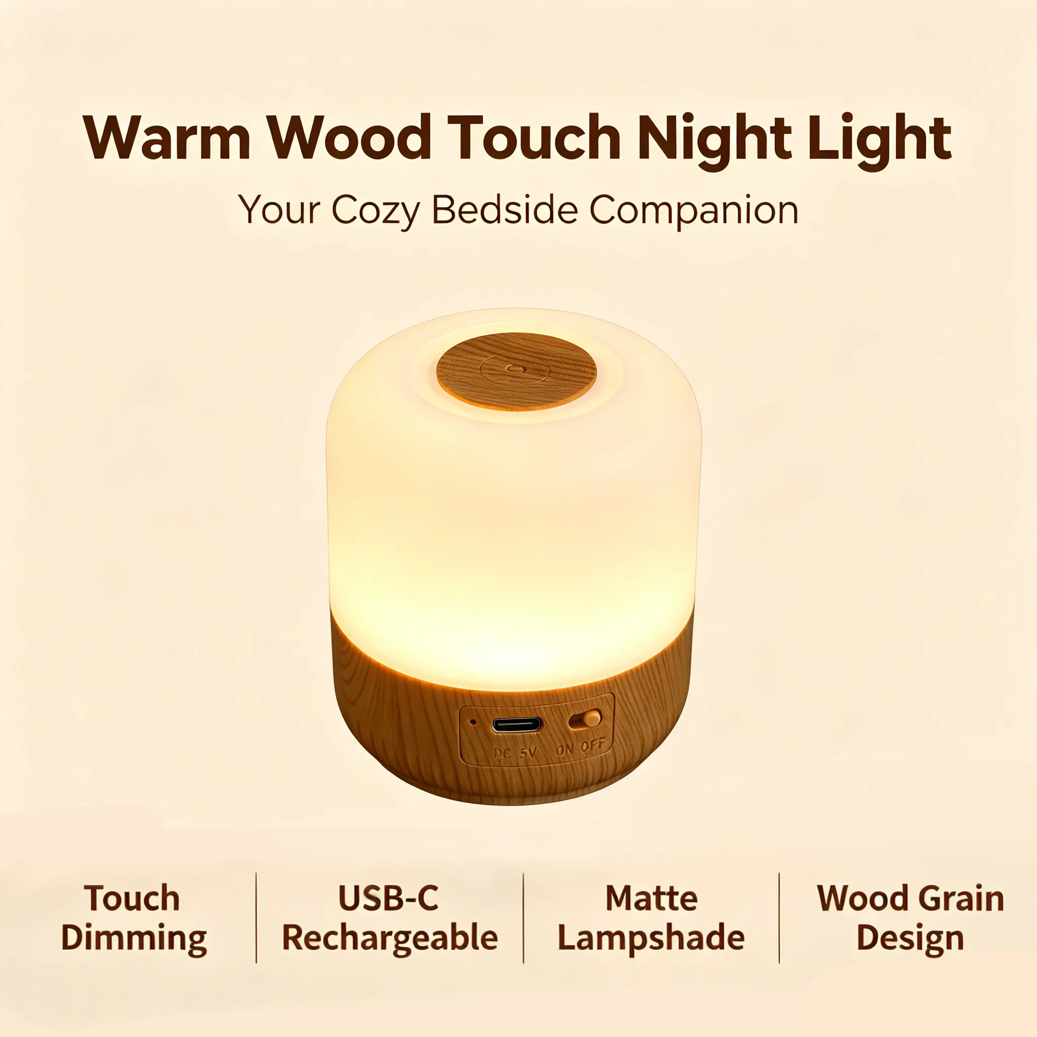 Rechargeable Portable LED Night Light - Touch Sensor Control, 3 Color Temperature Modes, Stepless Dimming, Type-C Fast Charging, Eye-Friendly Blue Light-Free, 360° Surround Lighting, Ideal For Bedrooms, Travel