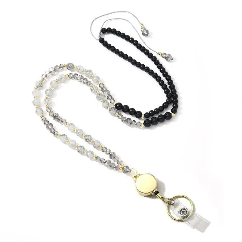 3-in-1 Braided Cord Beaded Lanyard Necklace - Lightweight Retractable Badge Reel, Hands-Free Strap for Phone, Keys, ID Badge, Fashion Decorative Accessory for Office, Adults, Classmates, All Seasons Bag Charm, Badge Reels