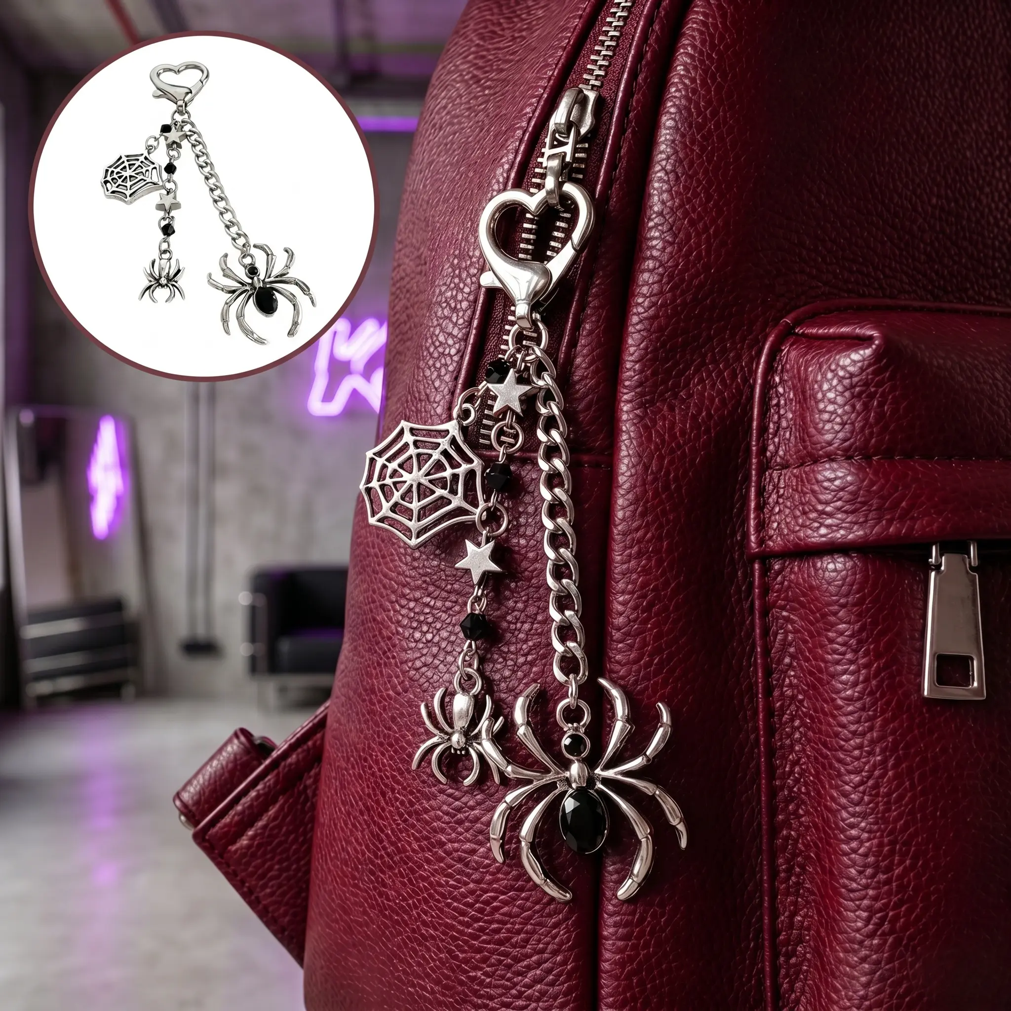 Dark Alternative Spider Bag Charm With Heart Clasp, Double Spider Web Star Bead Key Chain, Goth Emo Y2k Rebel Teens, Halloween Punk Streetwear Pant Accessories-YY0