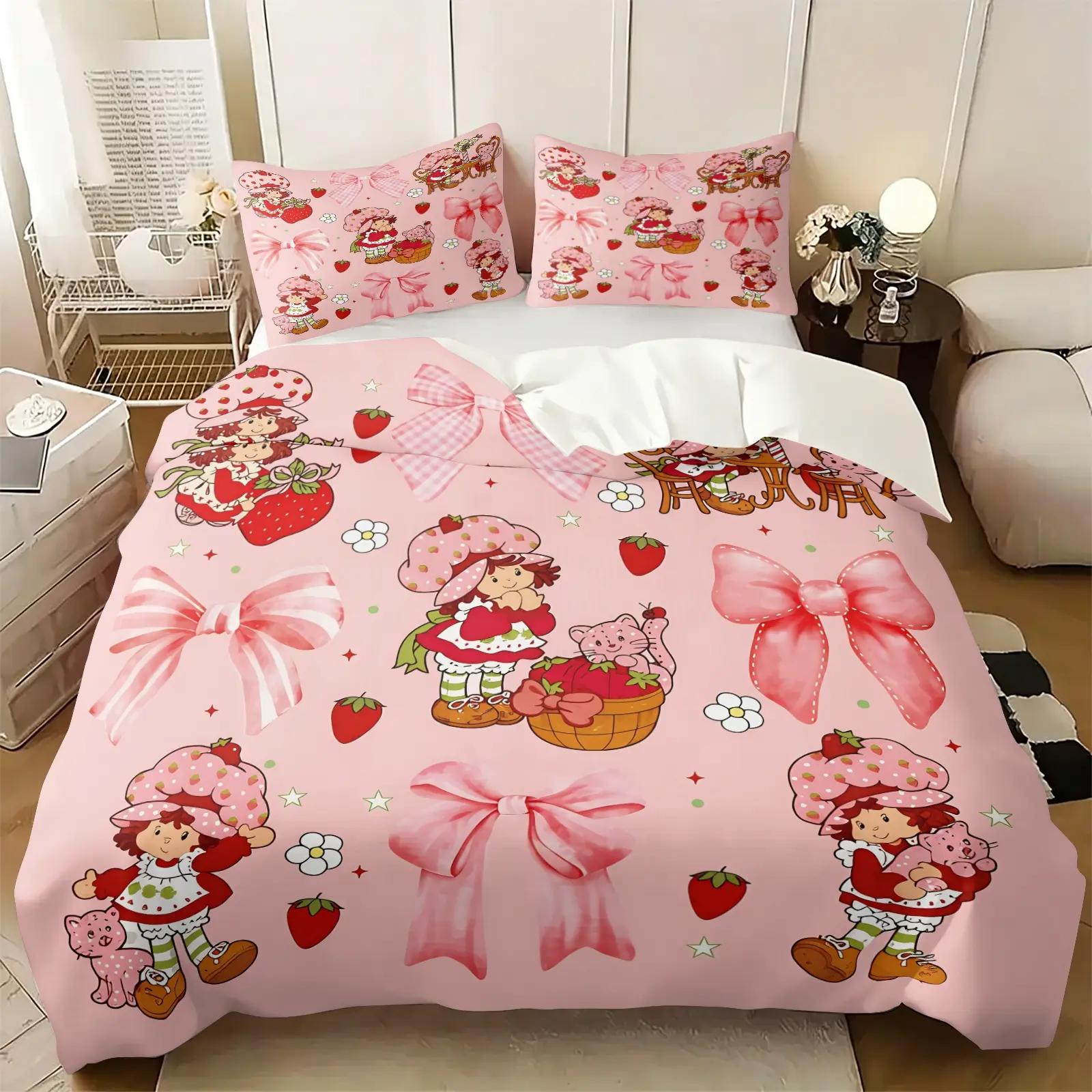 Sweet Pink Strawberry Girl Cartoon Print Duvet Cover Set, Includes 1-2 Pillowcases, Soft Anti-Pilling Fabric, Pink Plaid Bow Cottagecore Bedding All Size, Cozy Bedding Set, Ideal Lovely Decorative Gift For Retro Cartoon And Strawberry Lovers