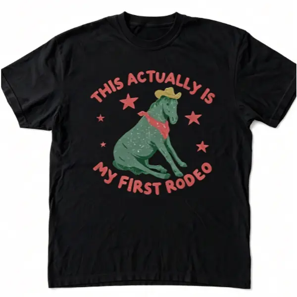 This Actually Is My First Rodeo Retro Green Cowboy Horse Star Western Graphic Short Sleeve T-Shirt, Unisex Summer Vacation Back To School Country Casual Tops, 100% Pure Cotton Printed Craft Summervibes Tee, Soft Breathable Loose Fit daily outfits