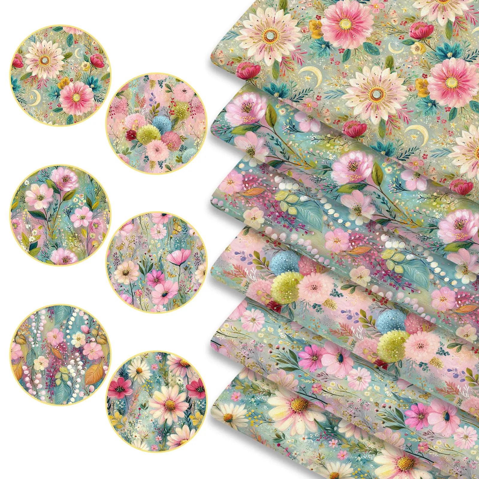 6pcs Watercolor Boho Aesthetic Floral Fabric Bundles, 45cm*50cm/17.72in*19.69in Hand-Painted Botanical Fabric Squares for Quilting, Patchwork Sewing Material for Bedding, Tablecloth, Bags, Headbands, Pillowcases