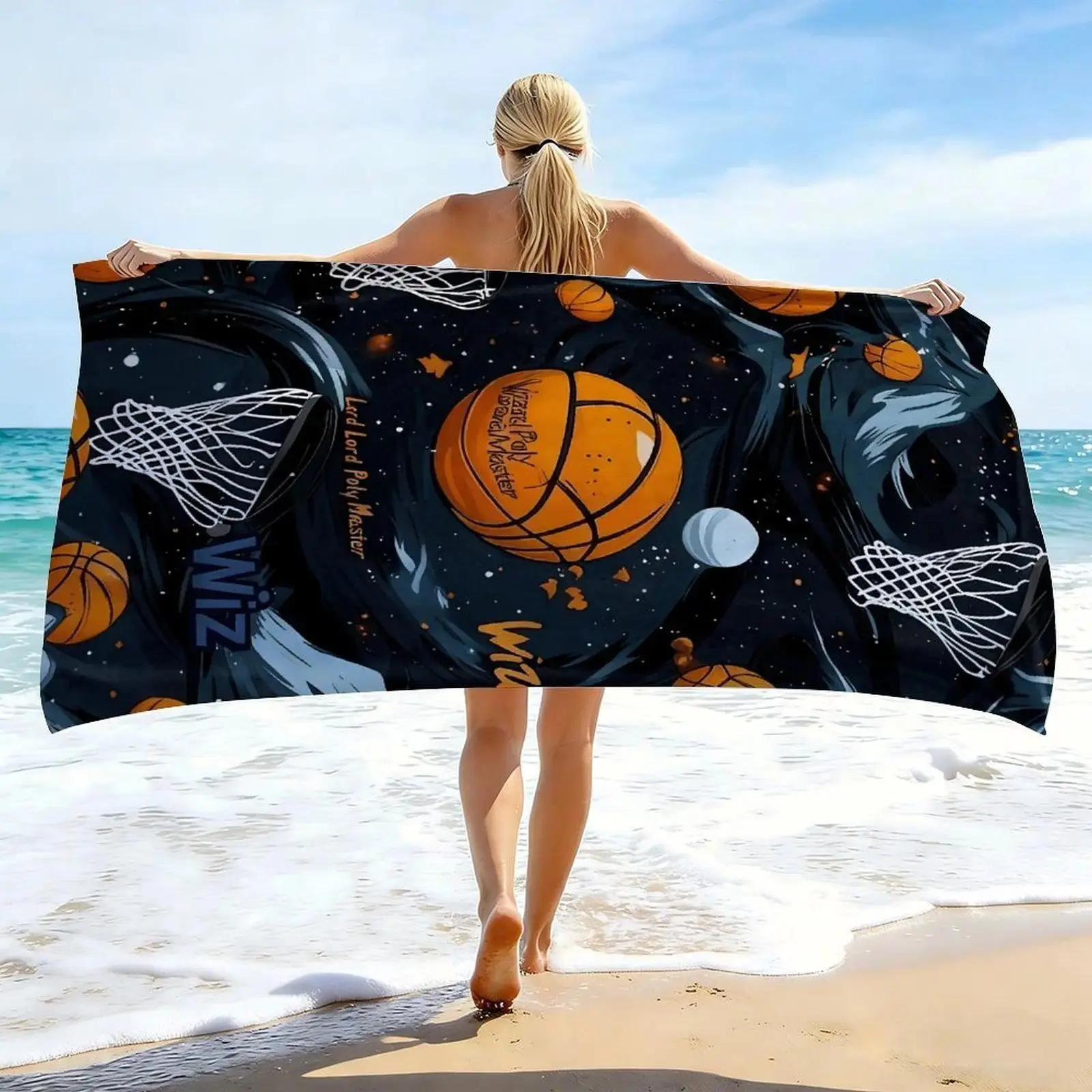 Stylish Basketball Print Large Beach Towel, Machine Washable Soft Quick‑Dry Towel for Sports & Daily Use
