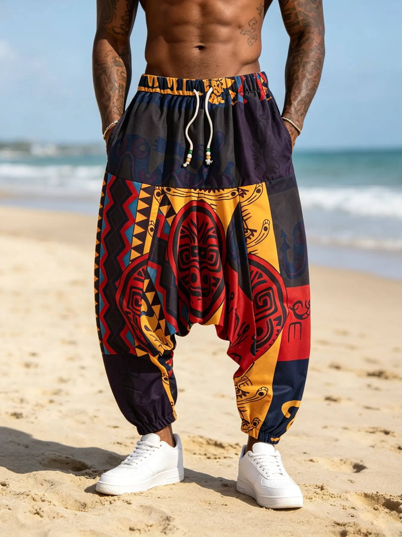 Men's Tribal Mask Print Harem Lightweight Pants, Elastic Waist Baggy Casual Boho Festival Trousers, Ideal for Beach Vacation, Streetwear & Yoga