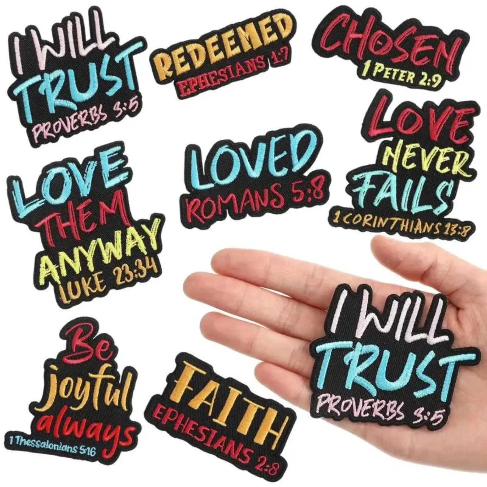 `Christian Faith 3 Inch Embroidery Patch Set of 8, Bible Verse Cotton Appliques with Precise Stitching, Iron On Sew On Decorative Embellishments for Jackets Bags, DIY Craft Fashion Accessories`