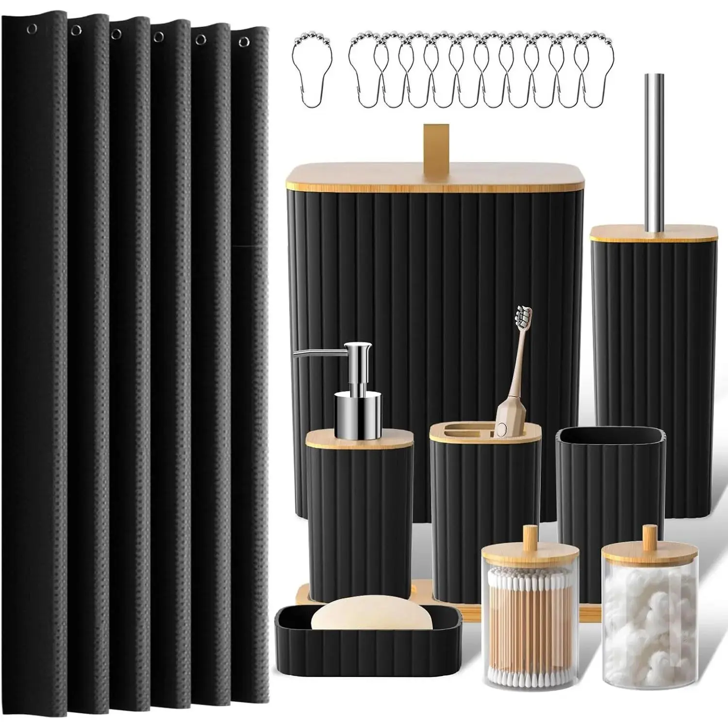 Multi-Piece Bathroom Sets Full Set - Modern Bathroom Accessories with Shower Curtain, Trash Can, Toilet Brush Holder, Soap Dispenser, and More
