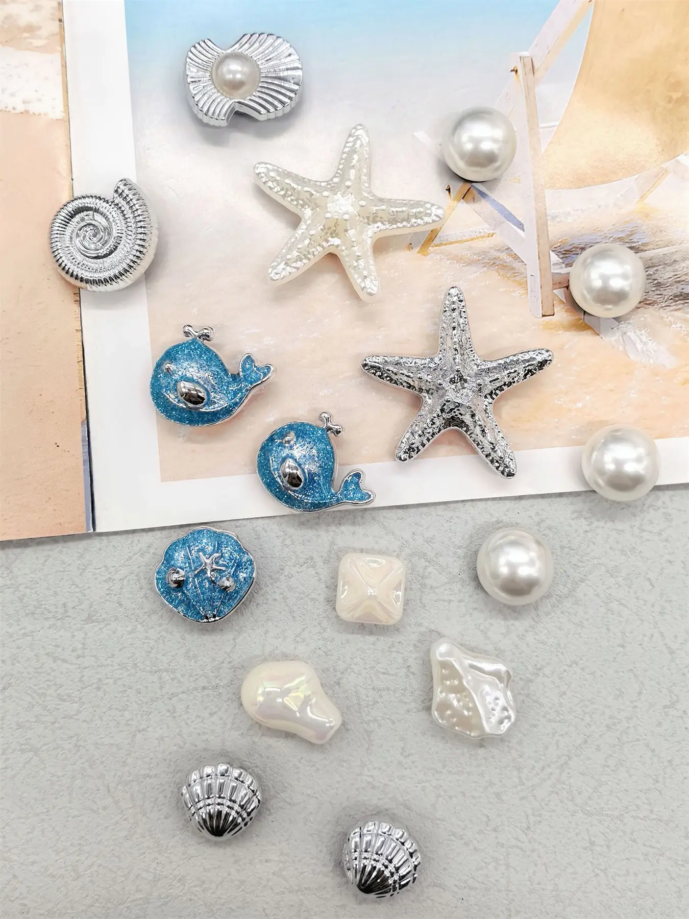 16PCS Ocean Beach Theme Starfish Silvery Conch ABS Shoe Charms, Flip Flop Charms, Blue Dolphin Shell Clogs Shoe Buckles DIY Decorations Shoe Clips Decor Women Hole Slides Slippers Birthday Party Gifts, Decorative Shoe Accessories, Shoe Accessories