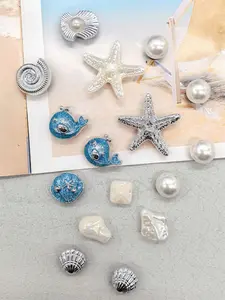 16PCS Ocean Beach Theme Big Starfish Silvery Conch ABS Shoe Charms Accessories Bling Blue Dolphin Shell Clogs Shoe Buckles DIY Decorations Artificial Pearls Shoe Clips Decor Women Hole Slides Slippers Garden Shoes Beach Bag Ornaments Birthday Party Gifts