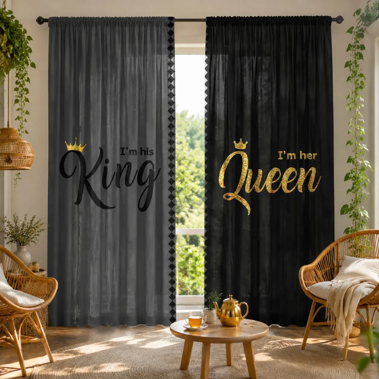 Black Grey King Queen Crown Printed Rod Pocket Curtains -2-piece set of semi transparent polyester curtains suitable for bedrooms, living rooms, and offices, machine washable - Room Decor, Home Decorative Curtain