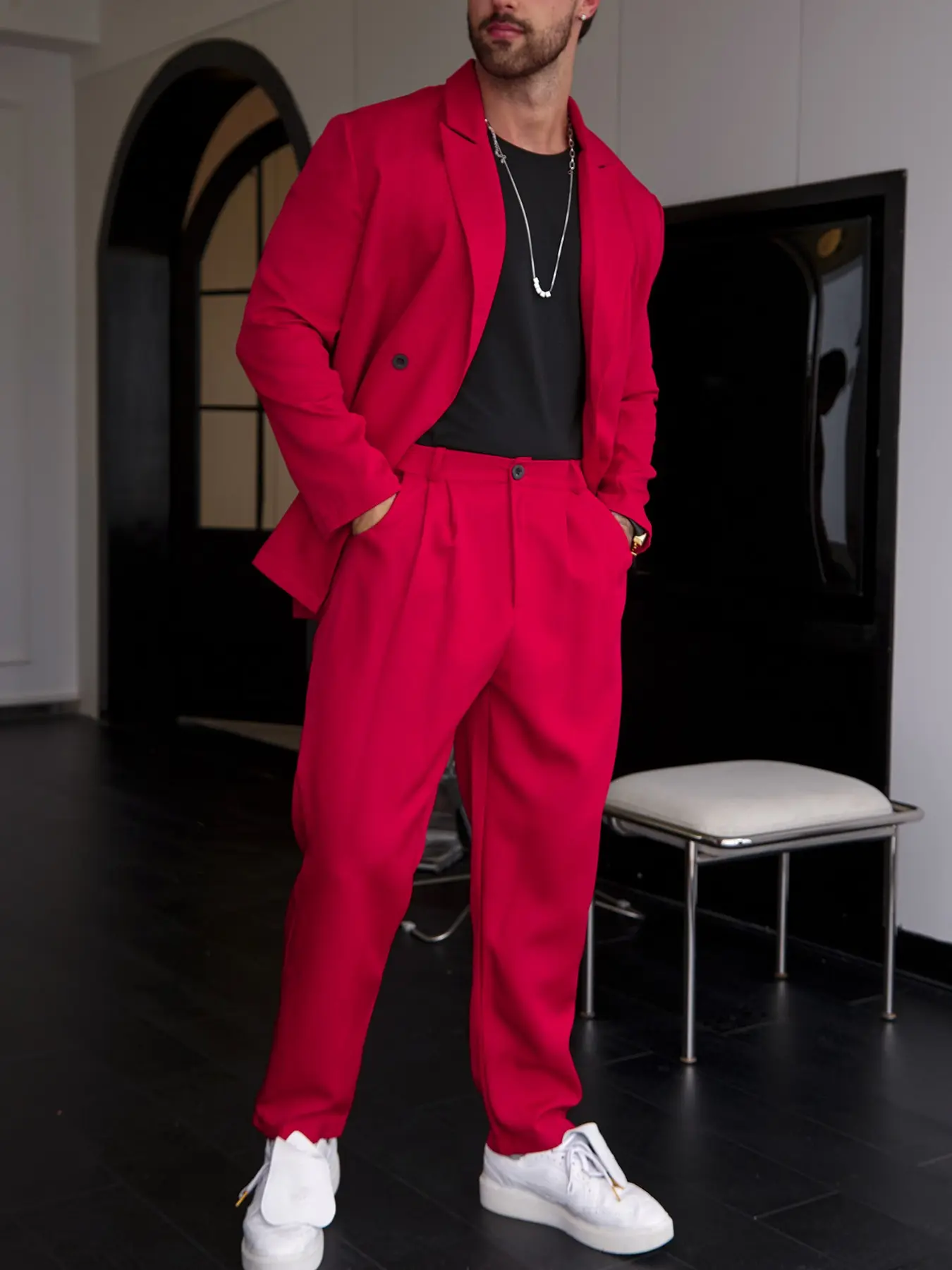 Men's Casual Blazer Set, Trendy Long Sleeve Slim Fit Suit, Party Event Fashionable, Plain Pattern, Multiple Colors Available