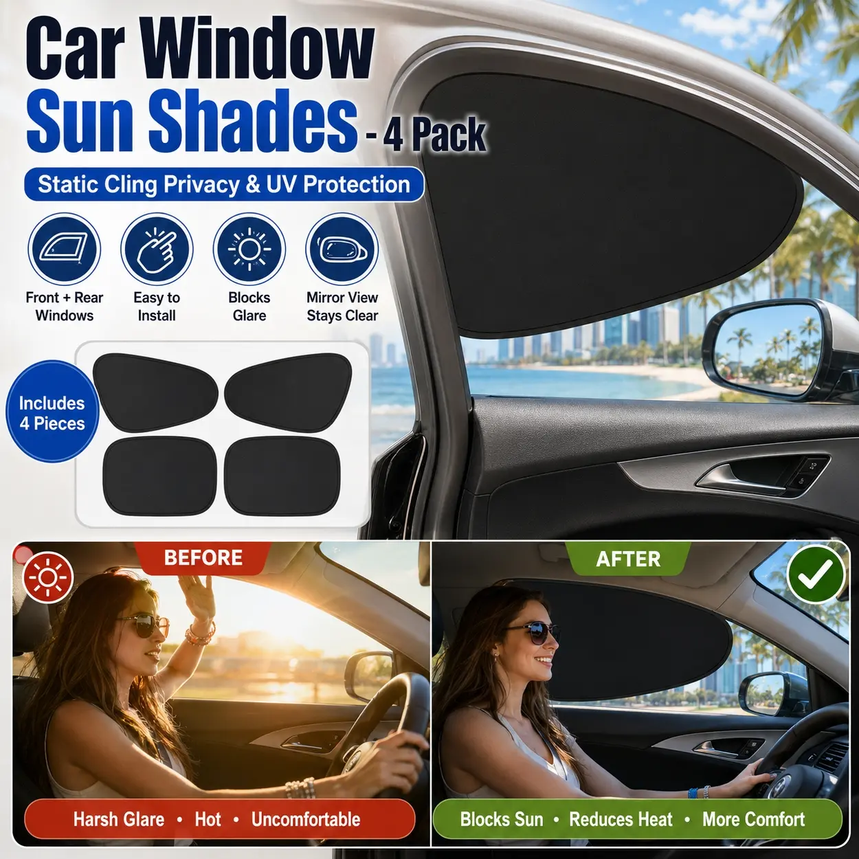 Universal Fit Car Side Window Shades 4-Pack, Electrostatic Black Sunshade Curtains, Front Rear Window Privacy Screen, UV Protection Heat Block, No Suction Cups, Foldable Shade for Family Car SUV Truck Travel