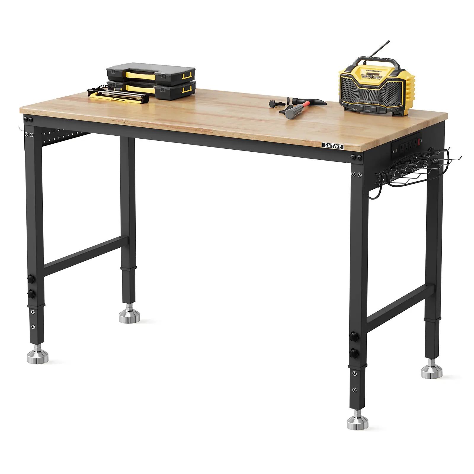 Garvee 48" Adjustable Workbench with Power Outlets, Heavy Duty Rubber Wood & Steel Work Table with Four Leveling Feet, Work Bench for Garage, Workshop, or Home