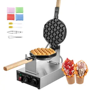 【DealsForYouDays】VEVOR Commercial Bubble Waffle Maker, 1400W Non-Stick Stainless Steel Egg Pancake Baker, 180-Rotatable, Temp & Time Control, Wooden Handle, for Restaurant Use Bakery