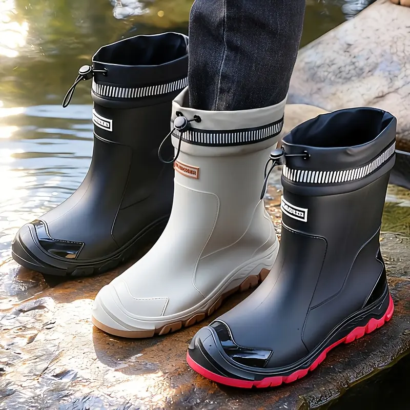 Unisex Slip-on Leather & Fabric Rain Boots, Lightweight Round Toe Outdoor Shoes with Non-Slip Sole for Hiking & Water Activities, Hiking & Rain, Solid Colors, Unisex Wearers