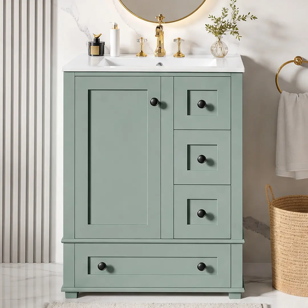 ARCH 24-Inch Light Green Wood Bathroom Floor Vanity Cabinet - Integrated Ceramic Sink, Soft-Close Drawers & Door, Double-Layer Adjustable Shelf, Solid Wood+MDF Frame, 24.00"w x18.30"d x34.00"h, 31.5"l x23.5"w x16.9"h, 81.57 lb, for Bathroom Storage, Drawe