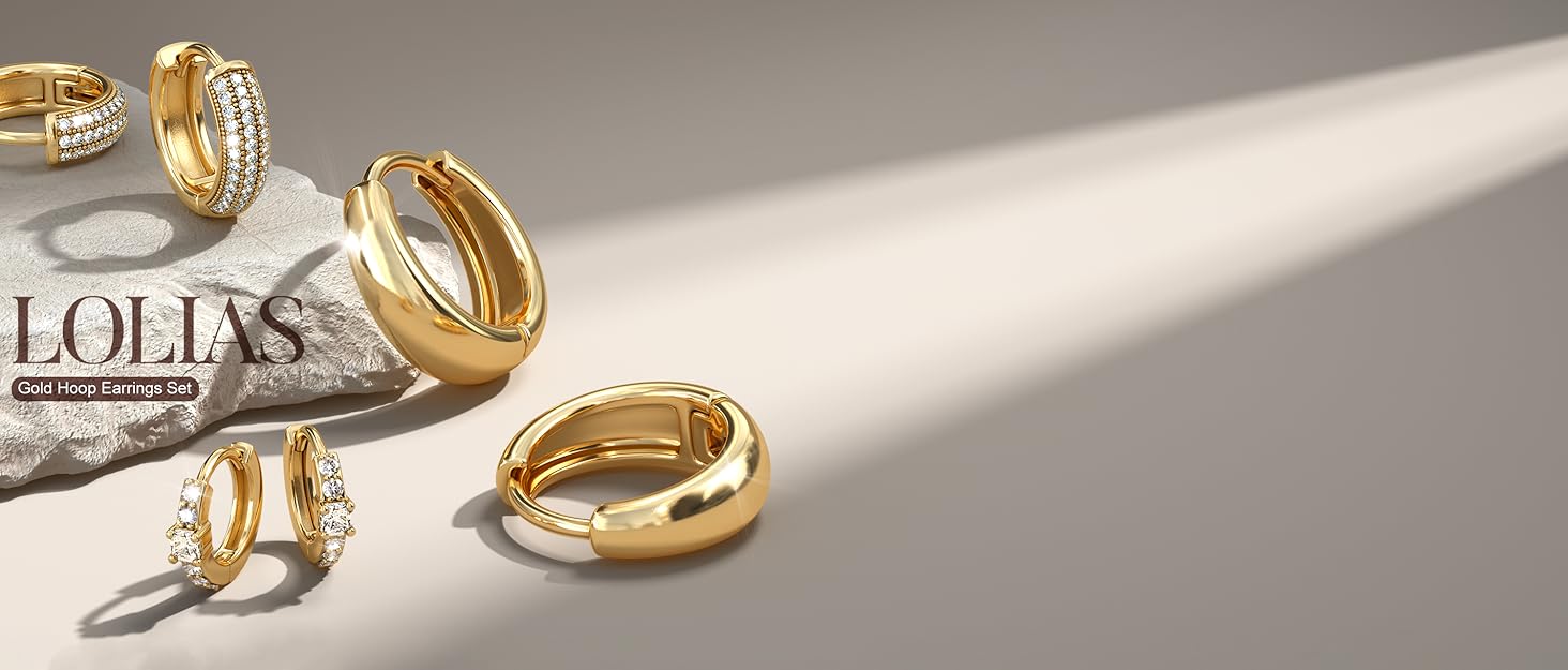 LOLIAS Small Chunky Gold Hoop Earrings for Women Hypoallergenic Gold Silver Hoops for Sensitive Ears Non Tarnish 14K Gold Filled Huggie Hoop Earring Stacks for Multiple Piercing Lightweight 3Pairs