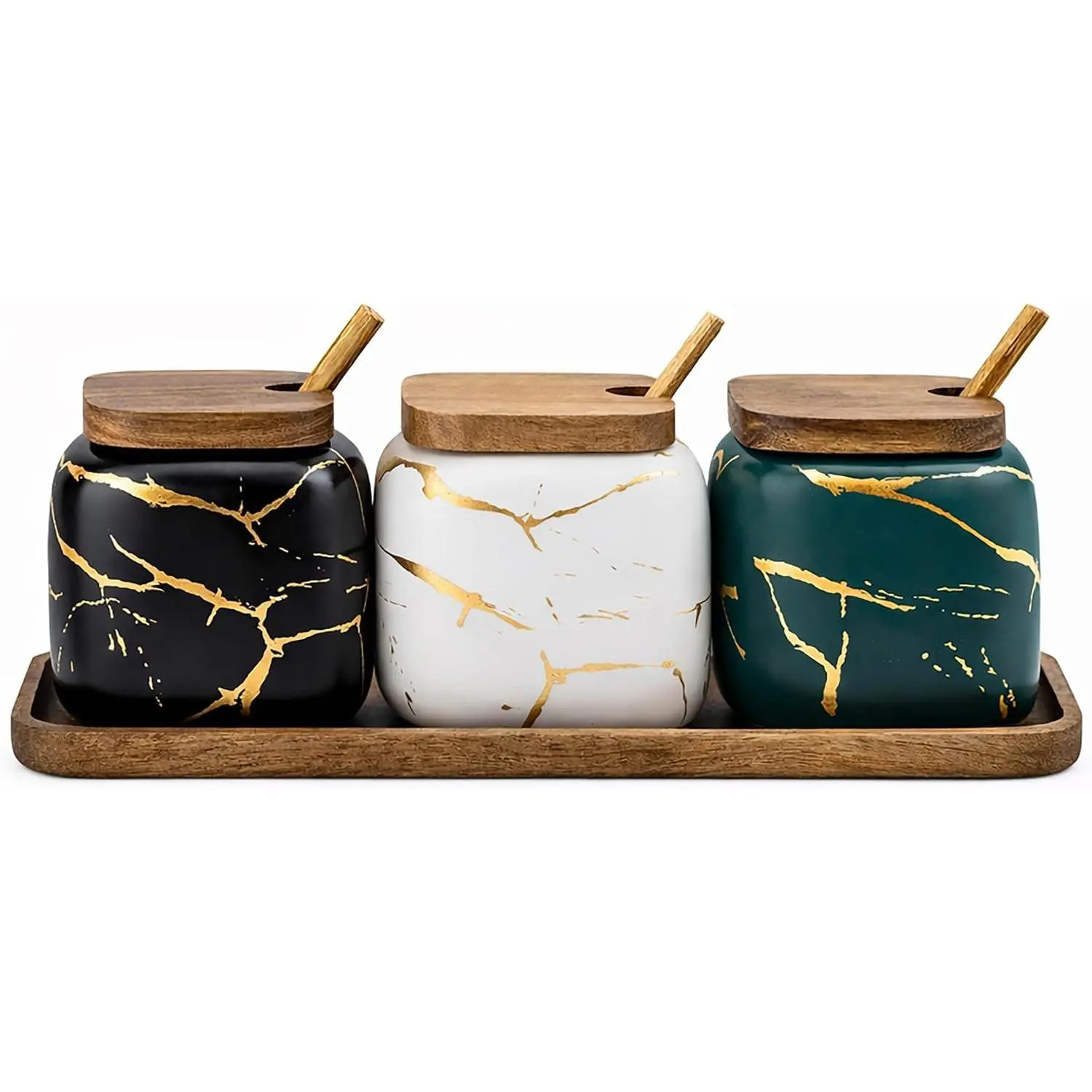Ceramic Spice Jars Porcelain Condiment Jars Set Marble Ceramic Seasoning Box 3pcs Condiment Pots for salt, sugar, pepper Kitchen Seasoning Condiment Jar Set （Color mixing）