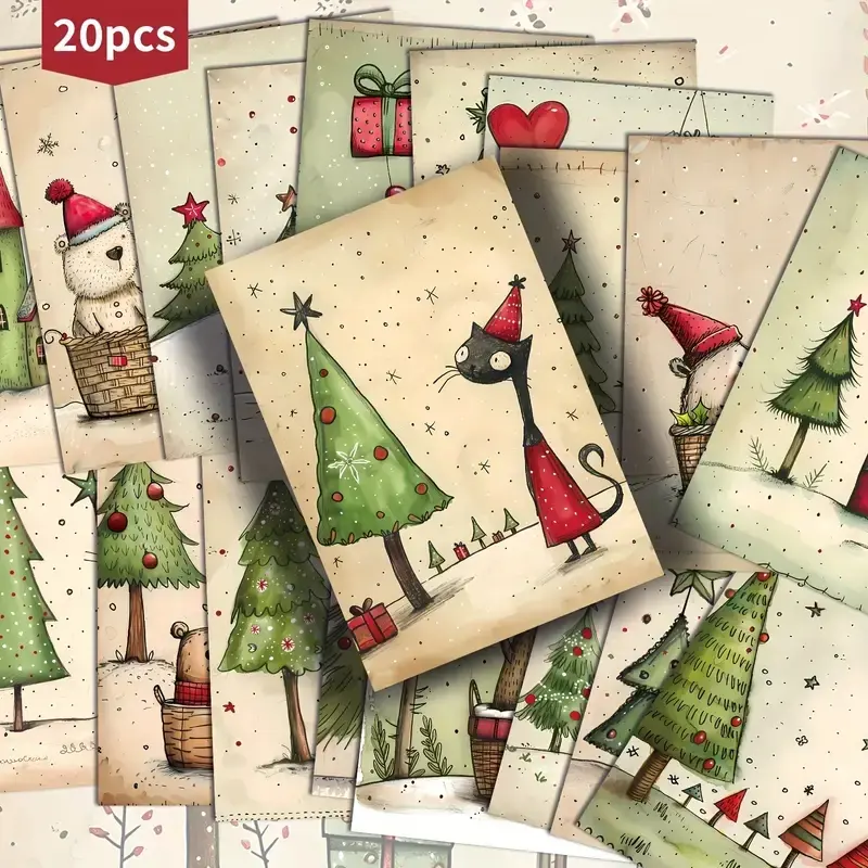 Vintage Christmas Tree Postcards Set, Cute Animal Design, Perfect for Scrapbooking & Crafts, Ideal Holiday Gift Cards