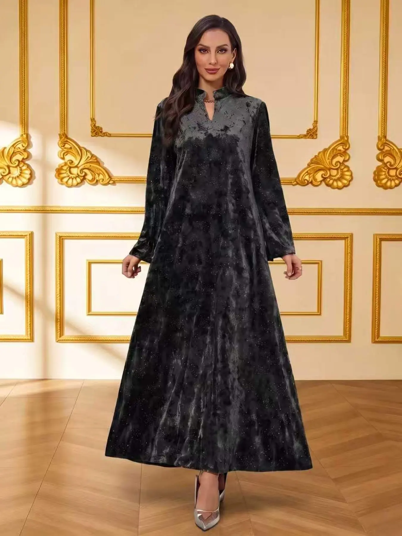 New Cross-Border Gold Velvet Abaya with Starry Rhinestones, Half High V-Neck, Full Body Sparkle, Muslim Long Dress, Elegant Fitted Style