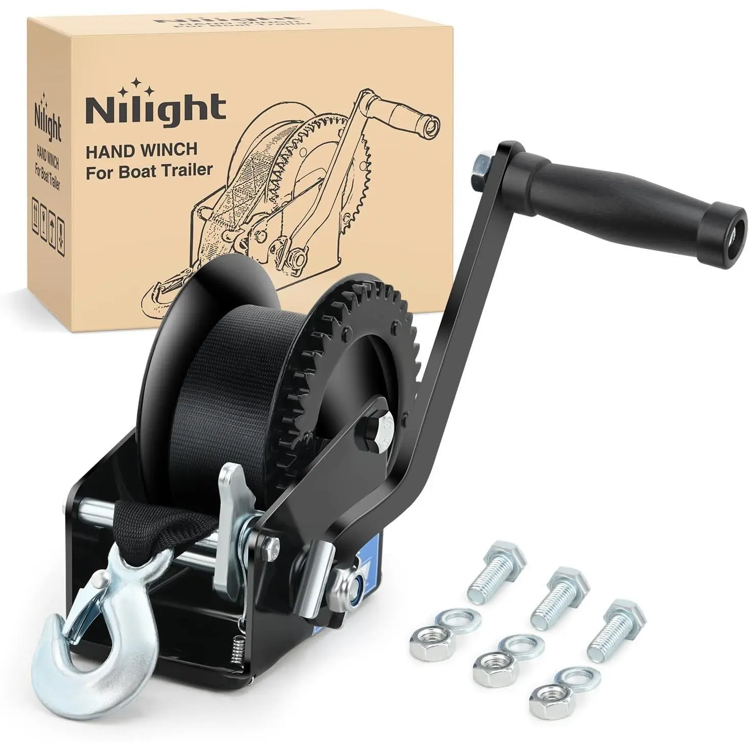 Nilight Boat Trailer Winch 1200 Lbs Hand Crank Winch Heavy Duty Boat Winches with 23Ft Strap Rope Hook 2-Way Ratchet 4:1 Gear Portable Marine Manual Winch for Trailers Boats RV ATV Jet Ski Towing