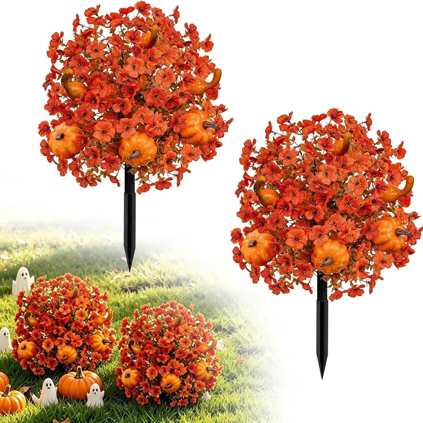 2pcs Lifelike Pumpkin Artificial Fall Topiary Balls, Outdoor Fake Shrubs, Decorative Artificial Plants, Artificial Plants, Thanksgiving Halloween Christmas Decor