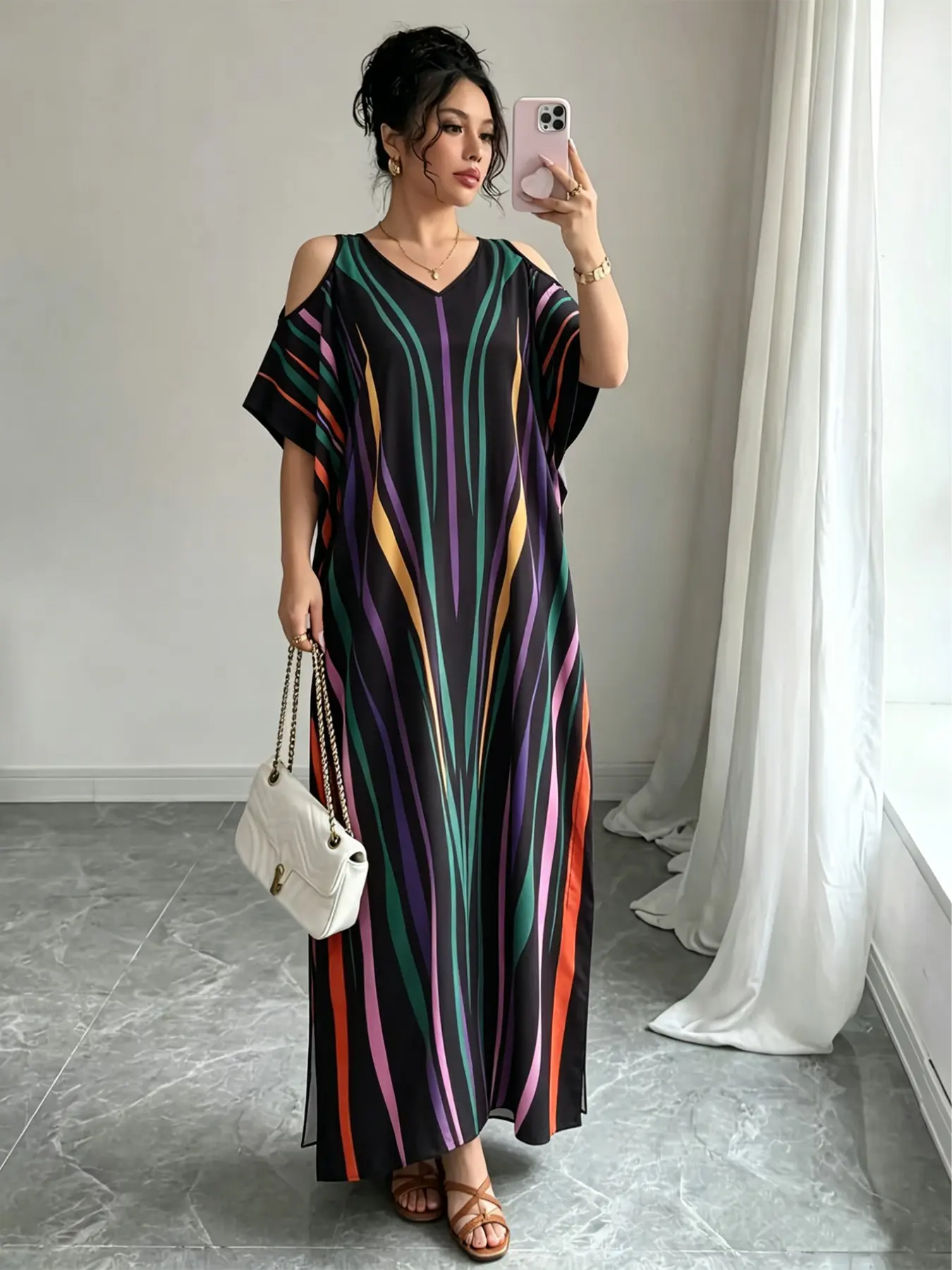 Women's Muslim Robe, Modest Fashionable Summer Boho Full Print V Neck off Shoulder Batwing Sleeve Beach Vacation Dress, Modest Dresses, All Seasons Fashion, Islamic Muslim Clothing