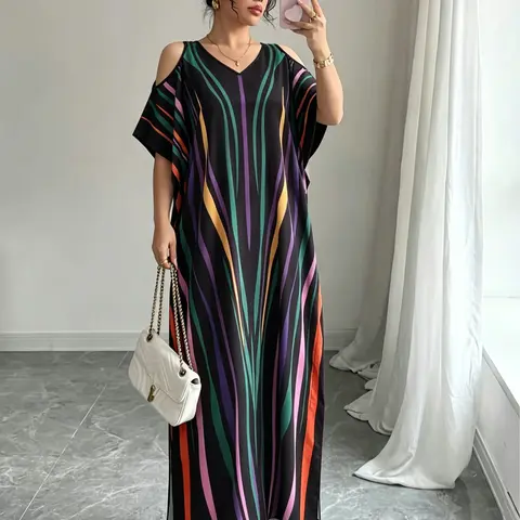 Women's Muslim Robe, Modest Fashionable Summer Boho Full Print V Neck off Shoulder Batwing Sleeve Beach Vacation Dress, Modest Style Dress, Modest Dresses, Modesty Muslim Clothing, All Seasons Fashion, Islamic Muslim Clothing