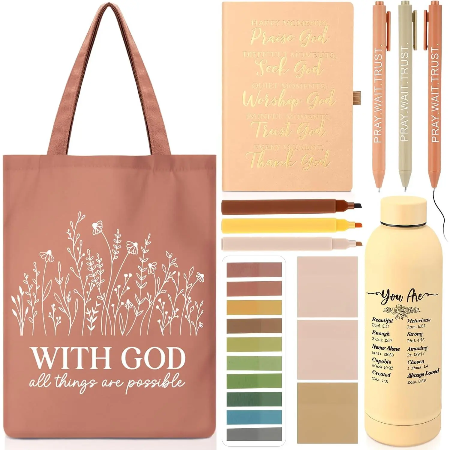 11-Piece Christian Encouraging Gift Set, Office & School Study Kit with Tumbler, Notebook, Highlighter, Bag – Religious Faith Gifts for Church Teachers (Brown)