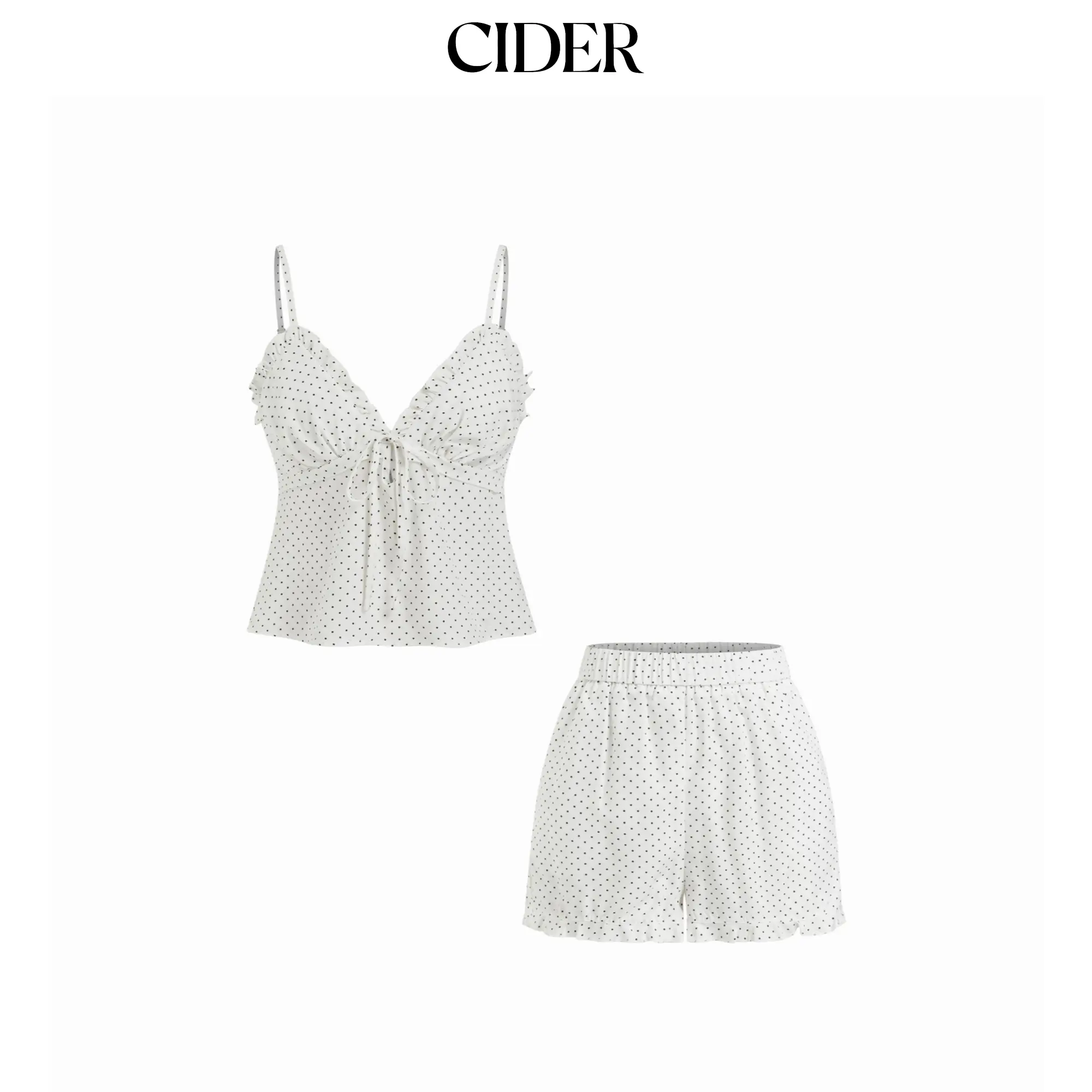 Cider V-neck Ruffled Knotted Cami Top & Mid Rise Polka Dot Shorts Loungewear Set