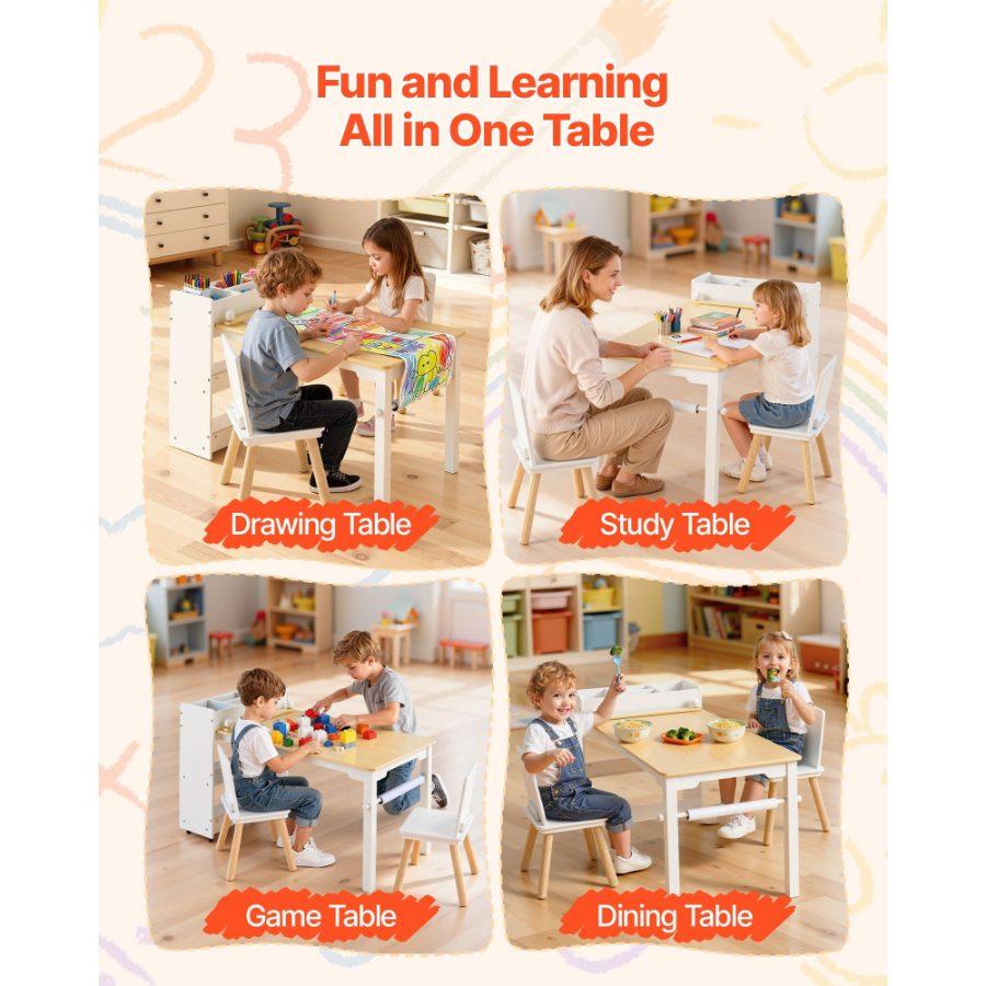 VEVOR Kids Art Table and Chair Set, Toddler Craft Table with 3 Tiers Storage Cabinet, Wooden Kids Activity Play Desk with 2 Chairs, Art Craft Play Desk for Reading, Learning, Drawing, Writing, White
