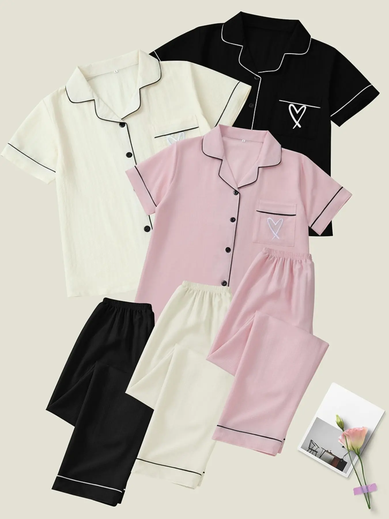 Women's 6-Piece Heart Embroidery Texture Lounge Set, Short Sleeve Buttoned Collar Top and Pants, Comfortable Casual Fit Loungewear Sleepwear